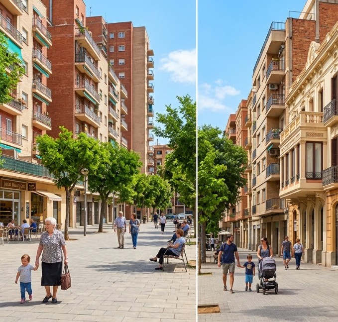 Vistas de las calles tranquilas, plazas y bloques de pisos en El Congrés i els Indians, Barcelona